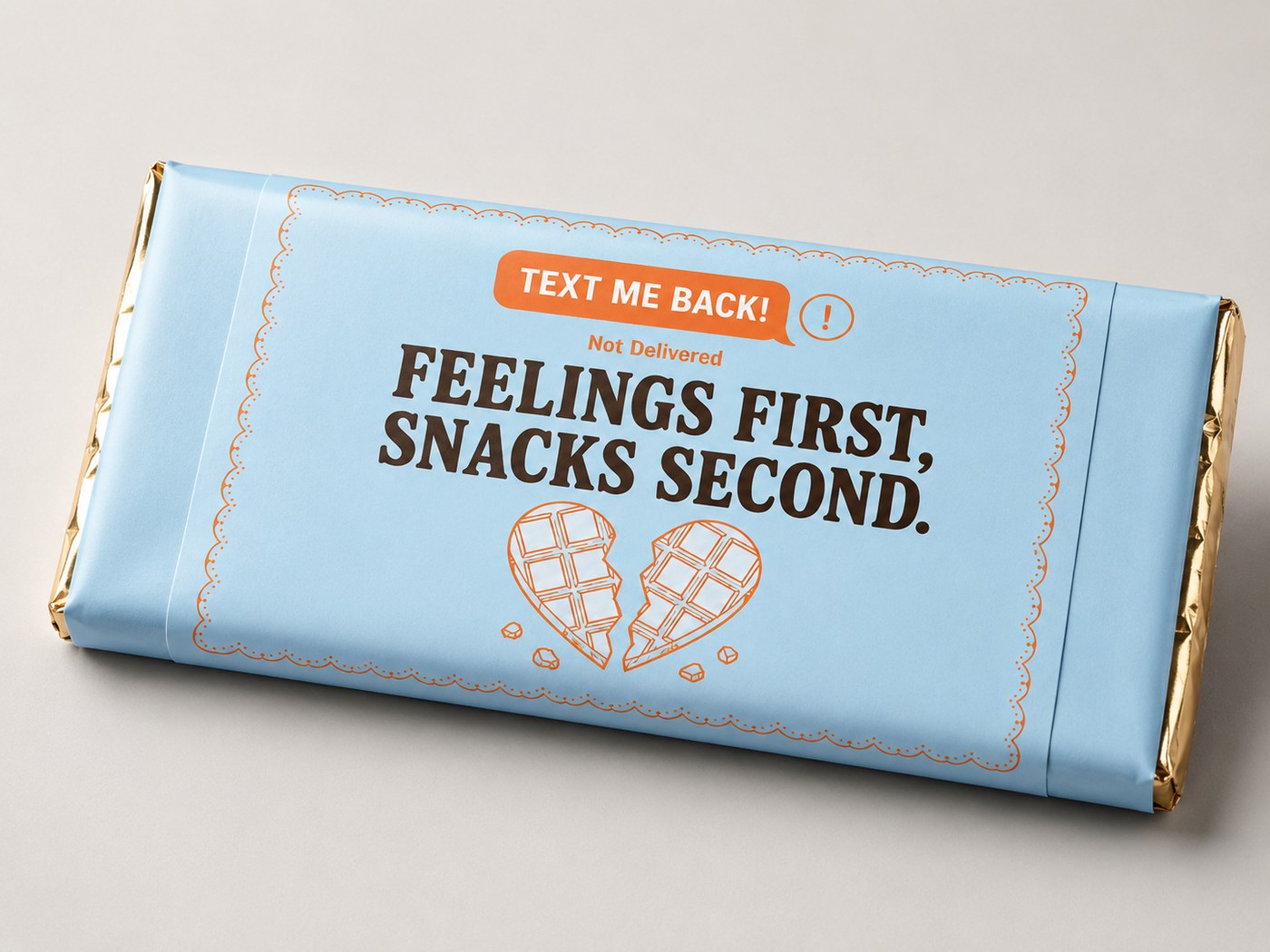 Chocolate bar reading Feelings First, Snacks Second