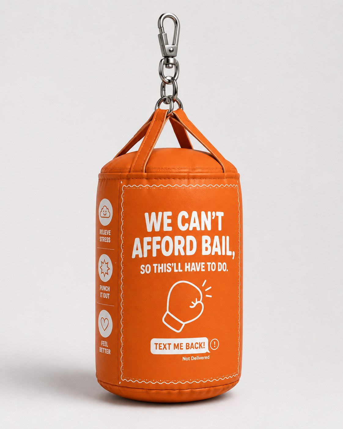 Mini punching bag reading We Can't Afford Bail